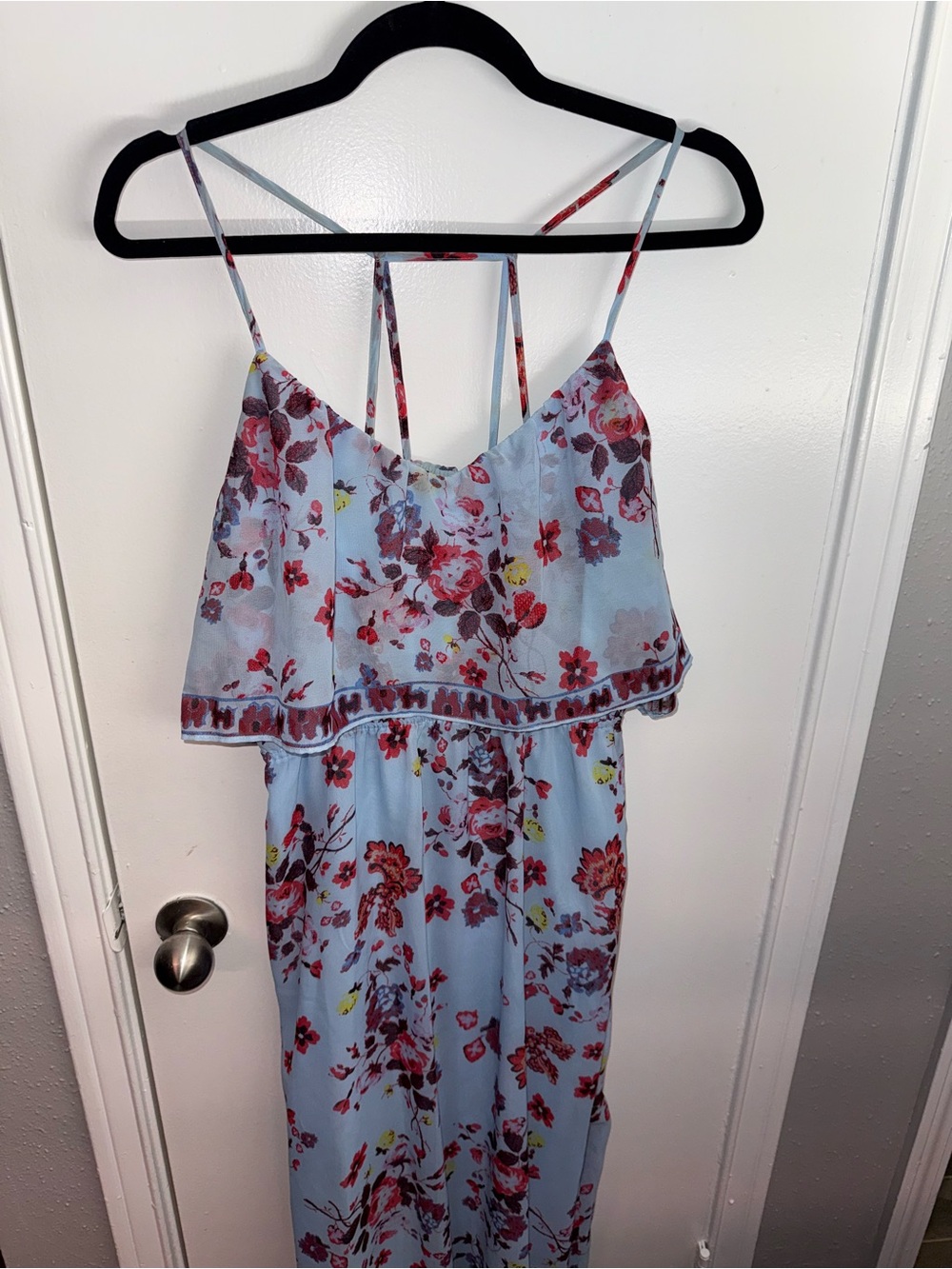 Light Blue Floral Maxi Dress with Red/Pink Blooms